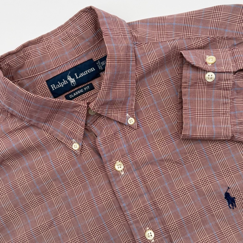 Ralph Lauren Classic Fit Shirt Mens 16.5 L Burgundy Blue Glen Plaid Cotton LS